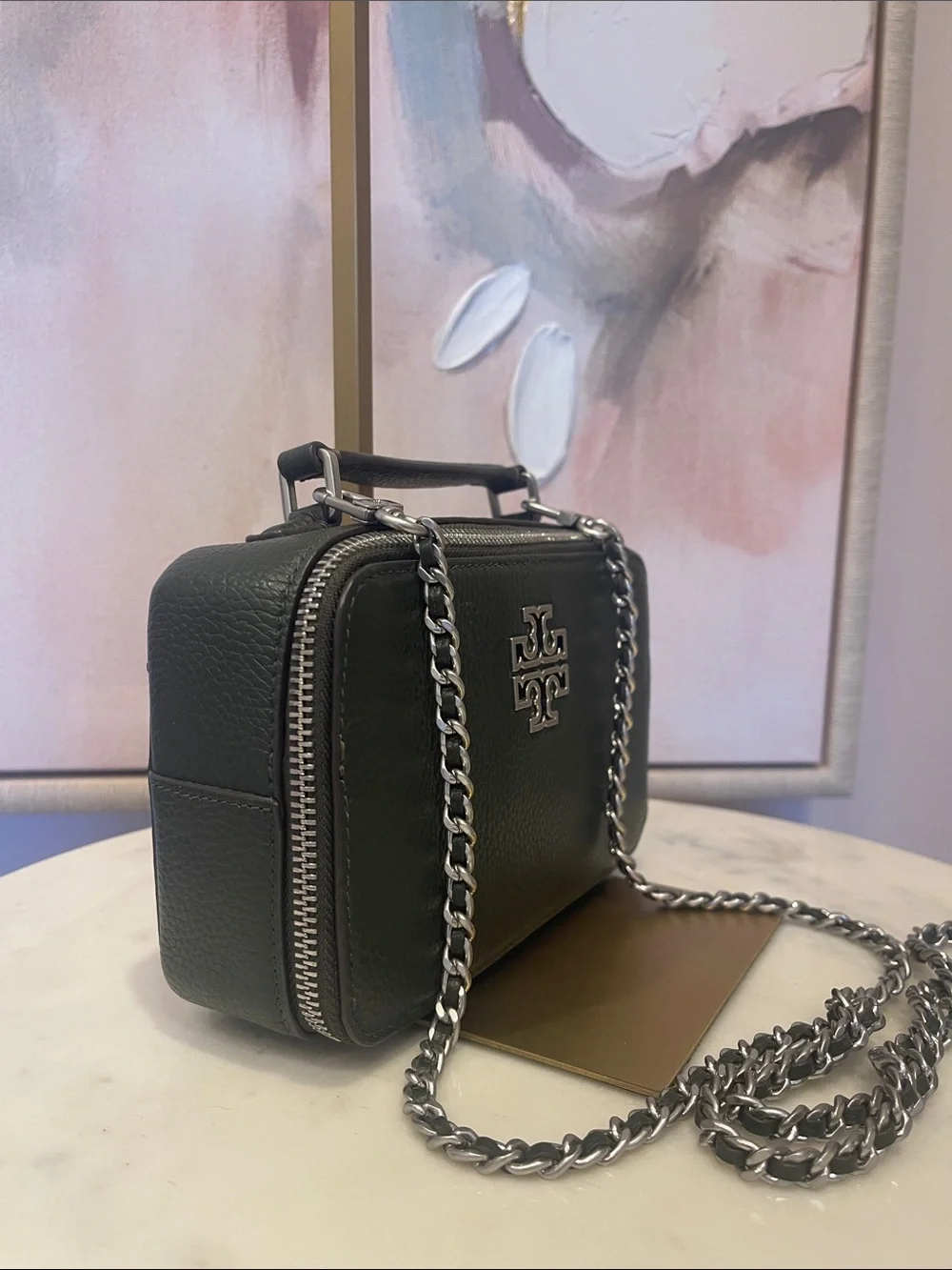 Tory Burch Dark Green Britten Leather Top-Handle Bag with Chain